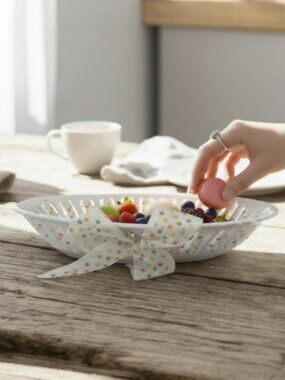 PARTY PLATE -- Ceramic, Bread/Candy/Cookies/Favors, Polka Dot Ribbon Wrapped